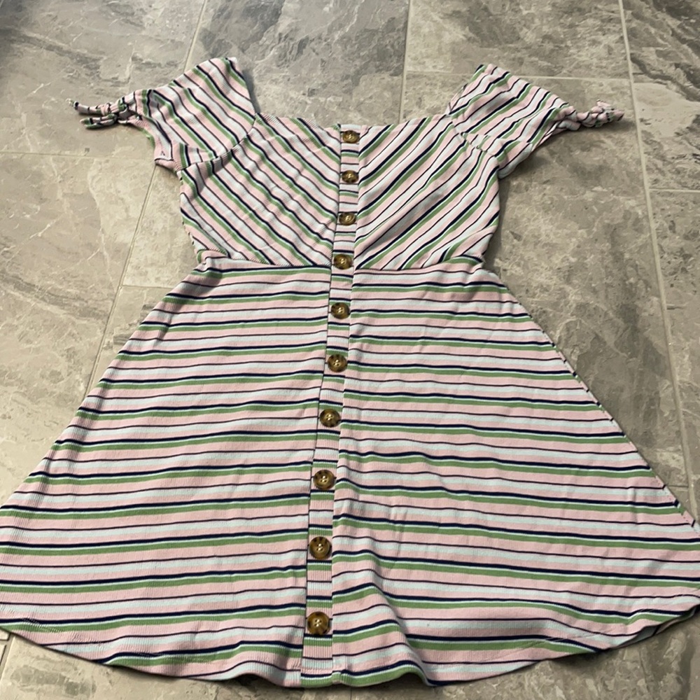 Stripped with buttons off the shoulder dress
